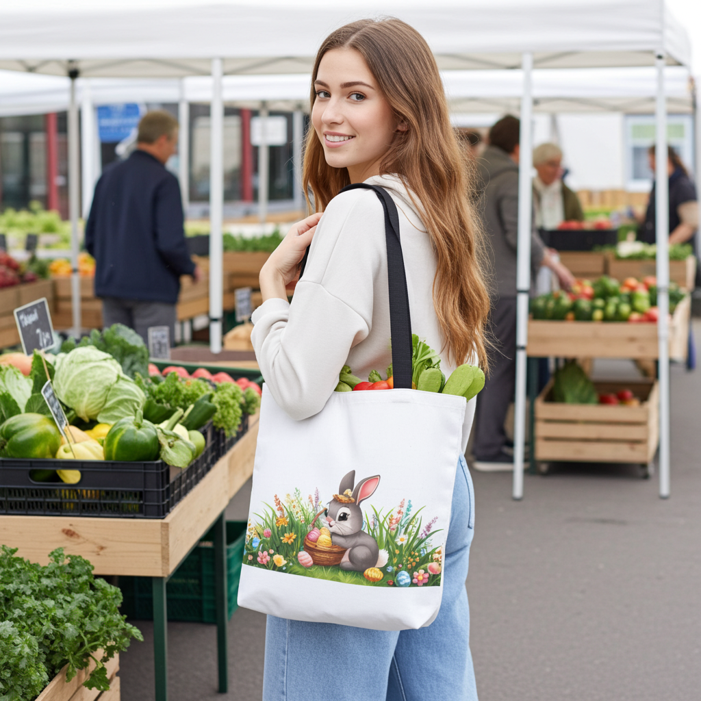 Easter Bunny Garden Tote Bag — Cute Bunny with Eggs Spring Shopping Tote